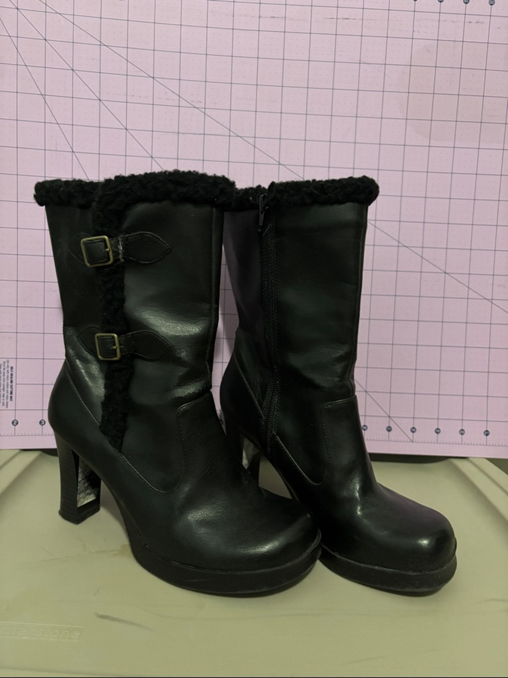Candie's Black Mid-Calf Heeled Boots with Faux Shearling Cuff and Buckles